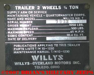 Willys MBT Trailer Data Plate