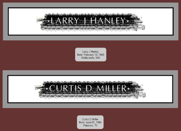 Vietnam Wall Name Rubbings of the men whose POW bracelets I have. The samples are from the Vietnam Wall Memorial Name Rubbing Generator.