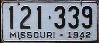 License Plate WWII 1942 Missouri ~ stamped metal