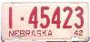 License Plate WWII 1942 Nebraska