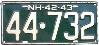 License Plate WWII 1942 New Hampshire ~ 2nd 1/2 1942