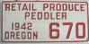 License Plate WWII 1942 Oregon Produce Peddler