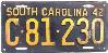 License Plate WWII 1942 South Carolina