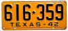 License Plate WWII 1942 Texas ~ Standard