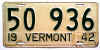 License Plate WWII 1942 Vermont