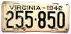 License Plate WWII 1942 Virginia ~ stamped steel