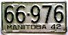 License Plate WWII 1942 Manitoba Canada