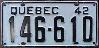 License Plate WWII 1942 Quebec Canada