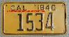 License Plate WWII Calif Motorcycle 1940