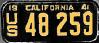 License Plate WWII Calif United States Use 1941
