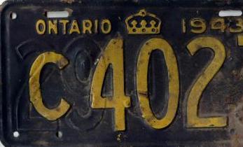 1942 1943 Ontario Canada Restamped License Plate