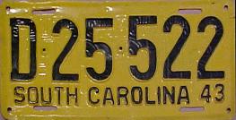 1942 1943 South Carolina Restamped License Plate