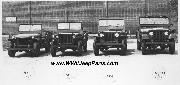 Willys Quad Prototype Jeep. Photo of Willys Jeep Lineage. Four important jeeps Willys Jeep History, all built by Willys Overland Motor Co. of Toledo, OH.. From left to right: Willys Quad Prototype Jeep, WWII Willys MB, Post-war M-38 Military jeep, and the M38A1. (Caption listing left jeep as MA is in error, it is Willys Quad).