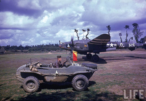 A German Schwimmwagen captured by the Americans. Repainted with the White Star and put into service in France with the 392nd Fighter Squadron, 367th Fighter Group, 9th Army Air Force who are getting ready to fly a mission on August 26, 1944.